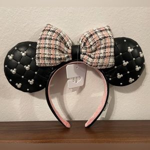 Disney Parks Minnie Mouse Ears Headband Faux Leather Pearl and Tweed Pink Black